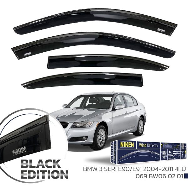 Niken BMW 3 Serisi E90 Cam Rüzgarlığı Siyah Kromlu 2005-2012 4'lü