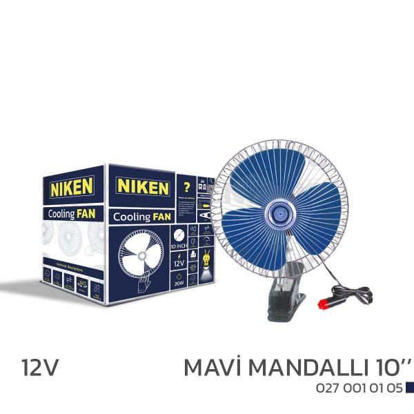 Niken Araç Vantilatörü 12V 10 İnç Mandallı Mavi (Otomobil, Araba, Karavan)